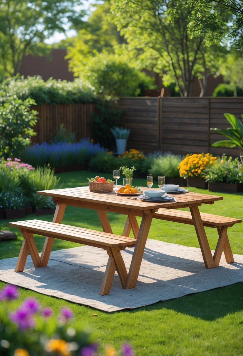 A convertible wooden picnic table bench set in a backyard with green grass, plants, and outdoor dining setup.