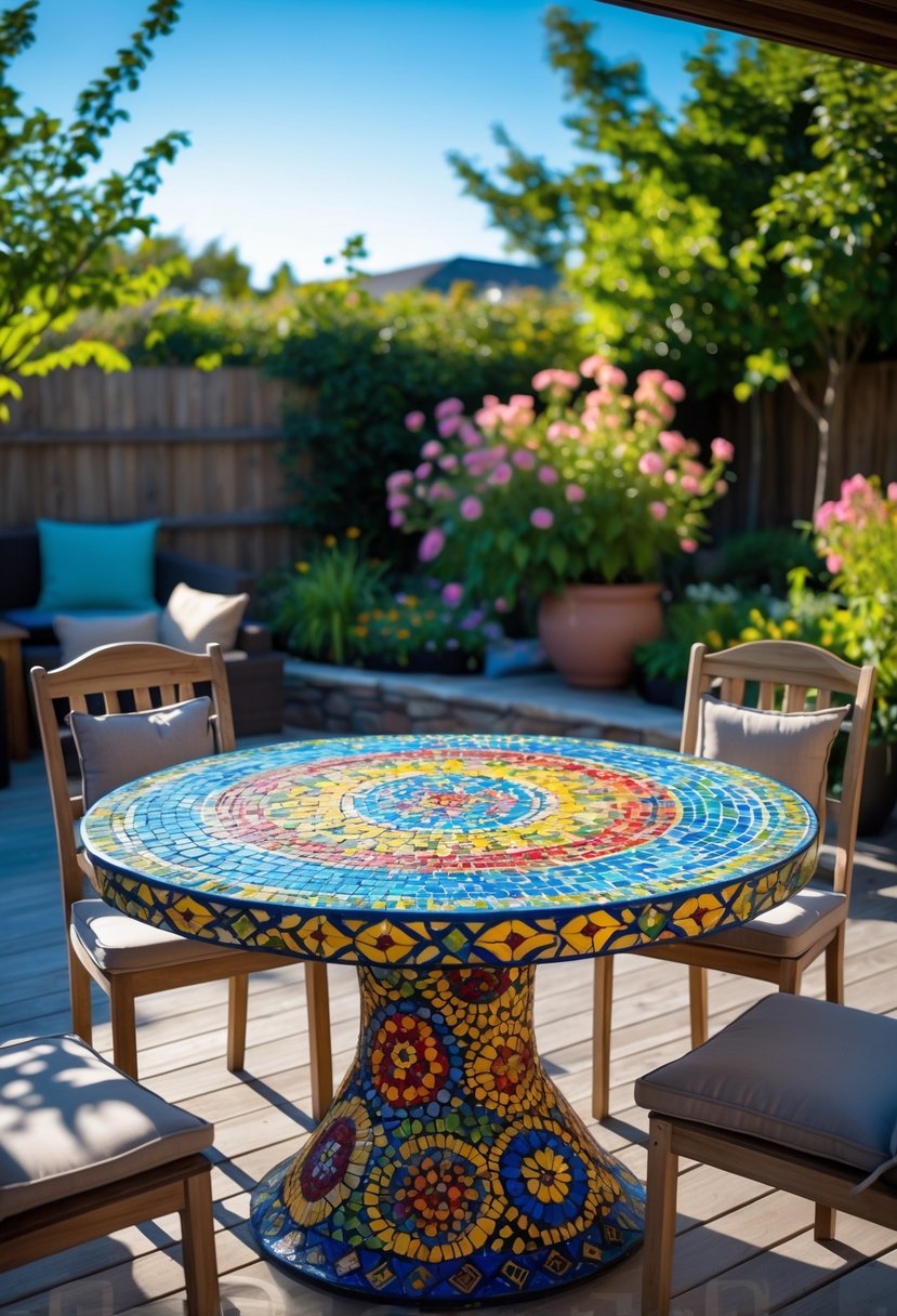 Outdoor dining table with colorful mosaic top surrounded by chairs in a sunny backyard garden.