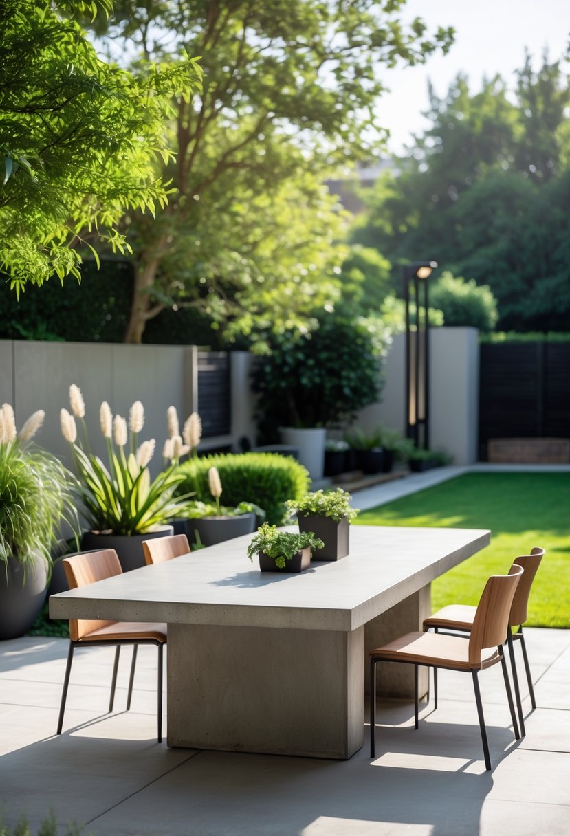 Outdoor dining area with a large concrete slab table surrounded by chairs in a backyard with plants and sunlight.