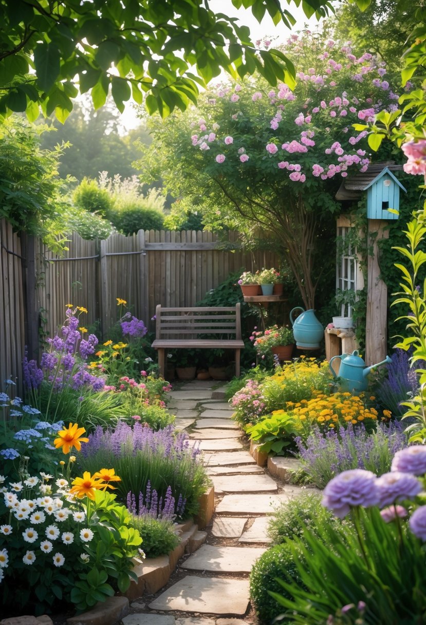 10 Easy Cottage Garden Design Ideas Anyone Can Do 2 A colorful cottage garden with flowers, stone paths, wooden fences, and a small bench under a tree.