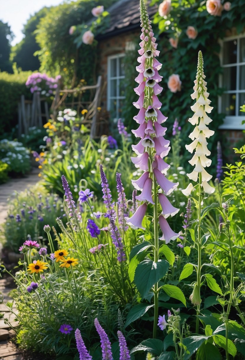 10 Easy Cottage Garden Design Ideas Anyone Can Do 3 A sunlit cottage garden with blooming foxgloves surrounded by various colorful flowers and greenery, featuring a rustic wooden fence and a quaint cottage in the background.