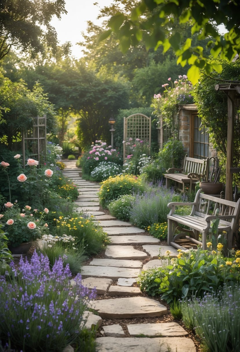 10 Easy Cottage Garden Design Ideas Anyone Can Do 7 A garden with rustic stone and wood pathways winding through colorful flowering plants and green foliage under soft sunlight.