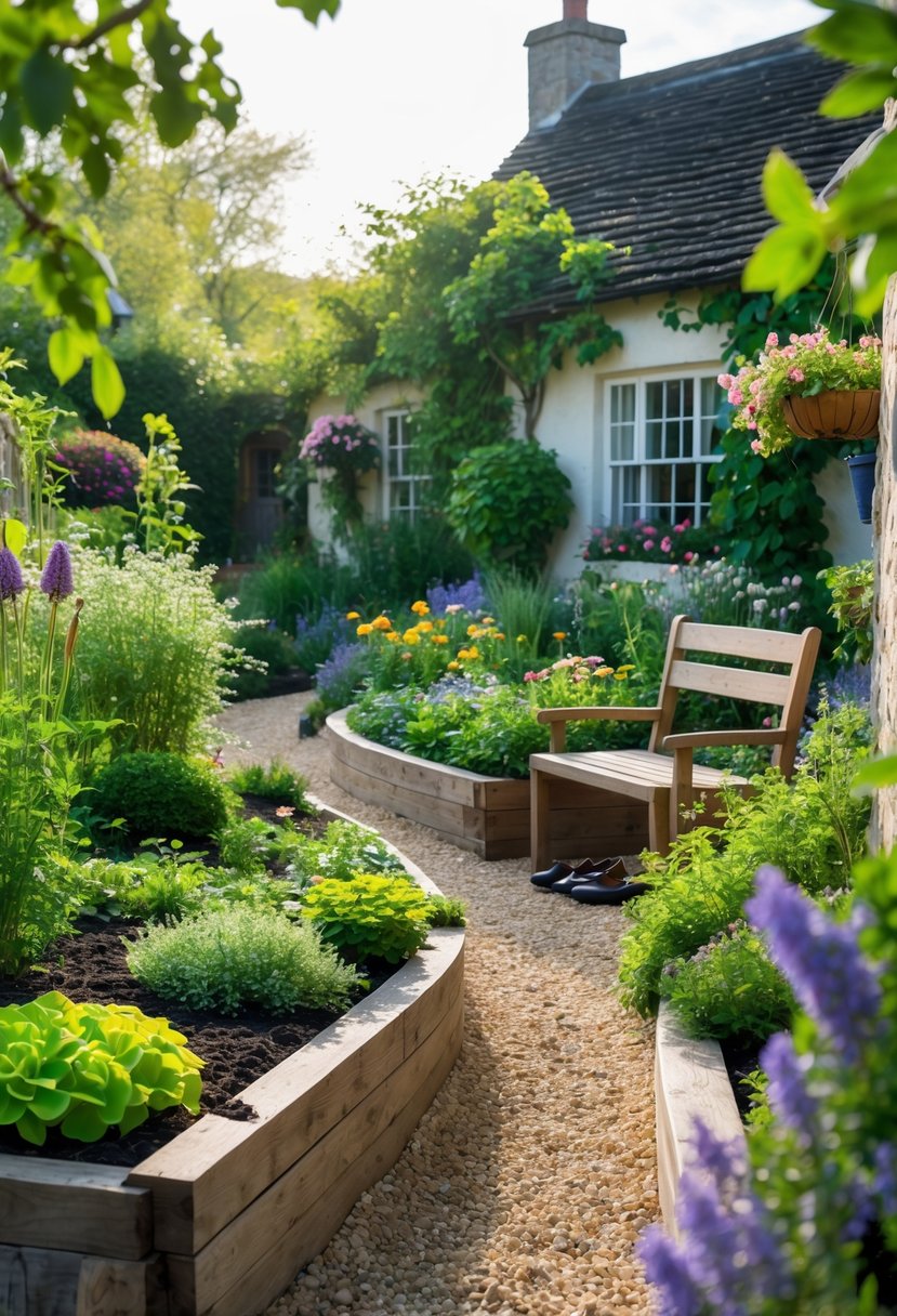 10 Easy Cottage Garden Design Ideas Anyone Can Do 8 A colorful cottage garden with raised beds, flowering plants, a gravel path, a wooden bench, and a rustic table with gardening tools near a small cottage.