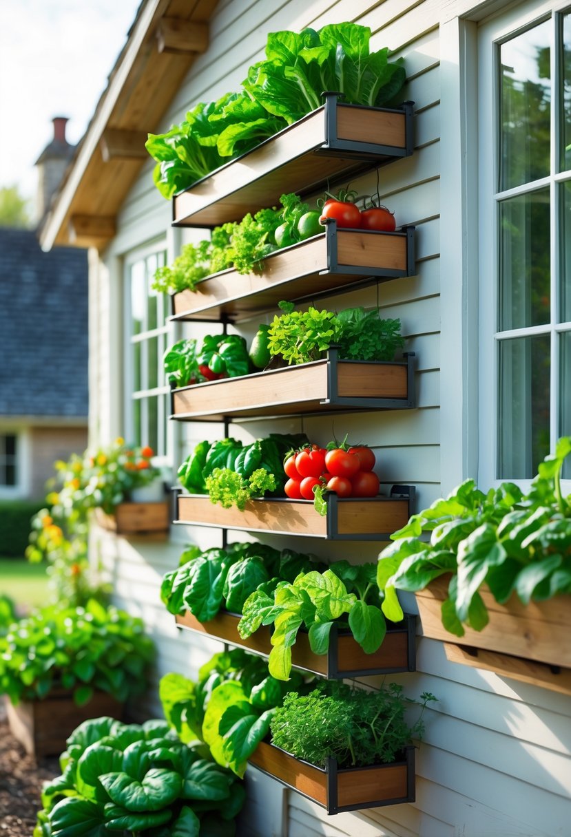 10 Easy Cottage Garden Design Ideas Anyone Can Do 10 A vertical vegetable garden with multiple tiers of green plants growing on the wall of a cottage under natural daylight.