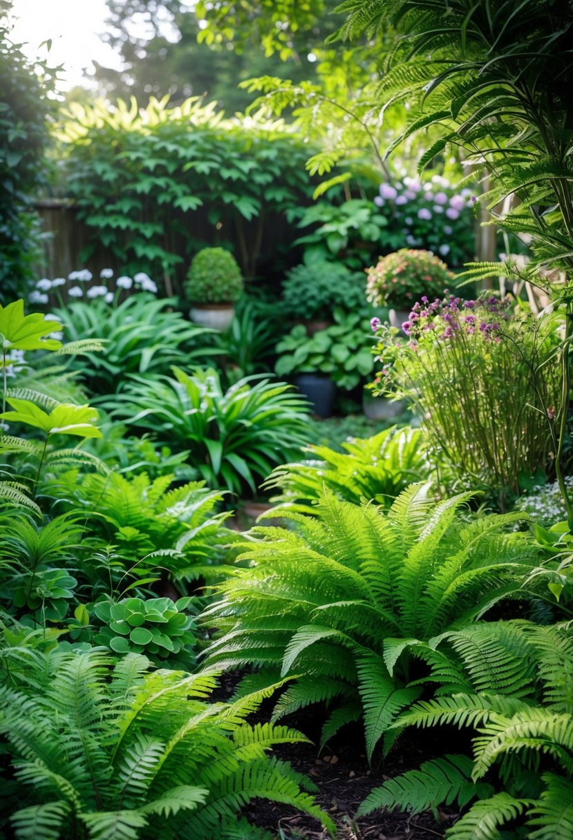10 Easy Cottage Garden Design Ideas Anyone Can Do 11 A lush green garden with dense ferns growing as ground cover beneath taller plants in a peaceful outdoor setting.