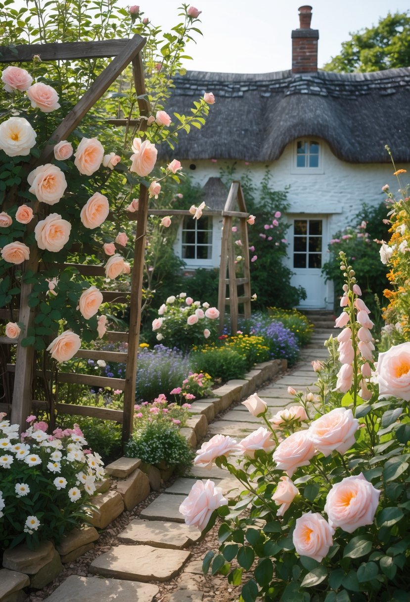10 Easy Cottage Garden Design Ideas Anyone Can Do 12 A colorful cottage garden with blooming roses, green plants, stone paths, and a small cottage in the background.