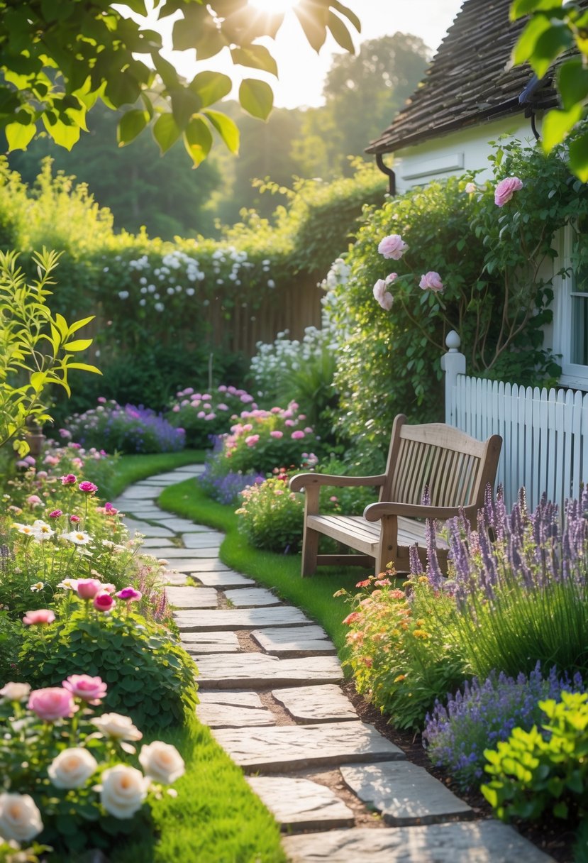 10 Easy Cottage Garden Design Ideas Anyone Can Do 13 A colorful cottage garden with flowers, a stone pathway, a wooden bench, and a white picket fence on a sunny day.