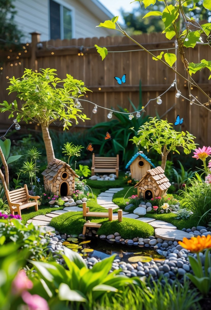 13 Fairy Garden Hacks That Make Your Backyard Sparkle 2 A backyard with a miniature fairy garden featuring small fairy houses, plants, flowers, fairy lights, and tiny garden decorations.