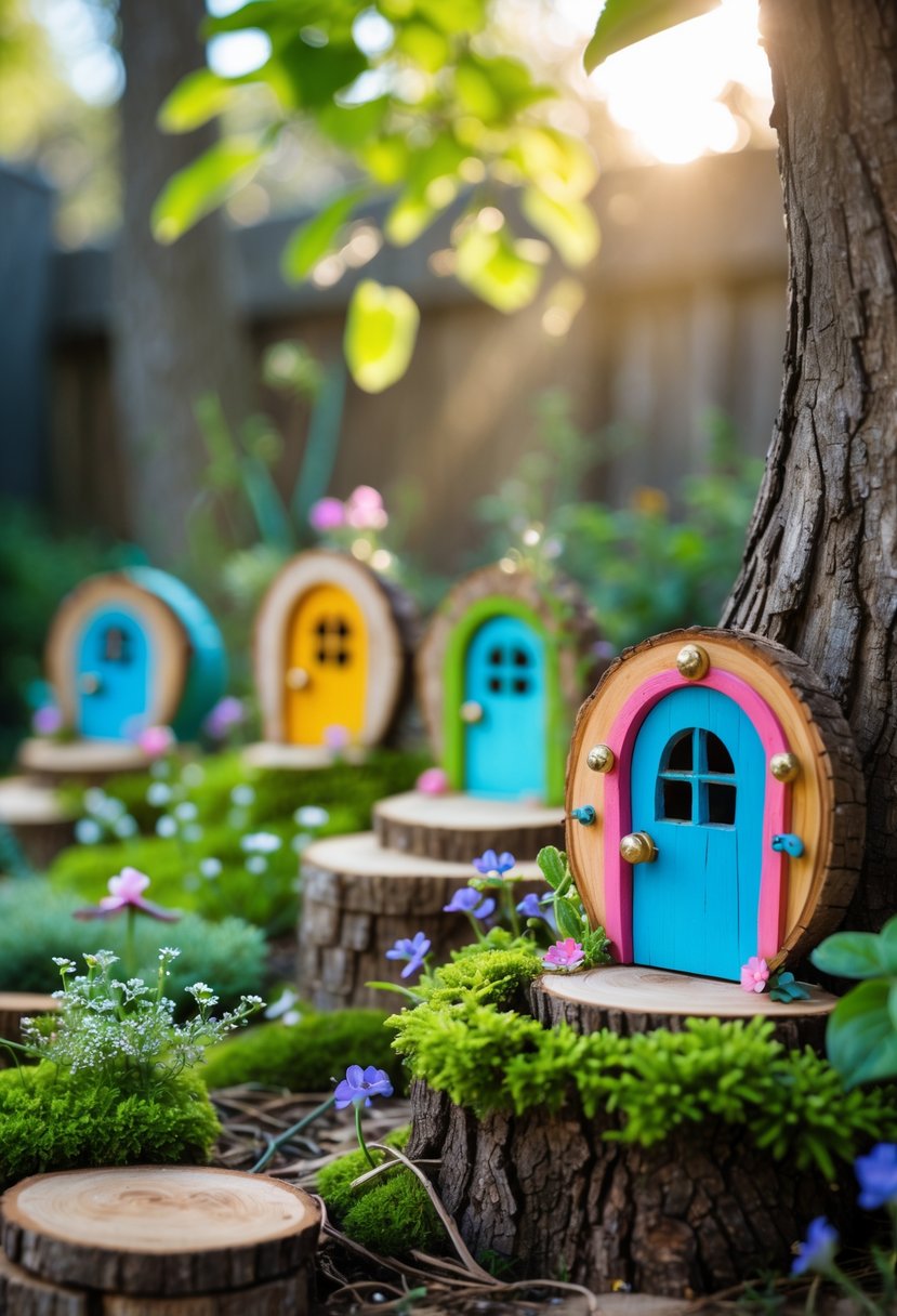 13 Fairy Garden Hacks That Make Your Backyard Sparkle 3 Miniature painted wooden fairy doors placed at the base of tree trunks surrounded by moss and flowers in a backyard garden.