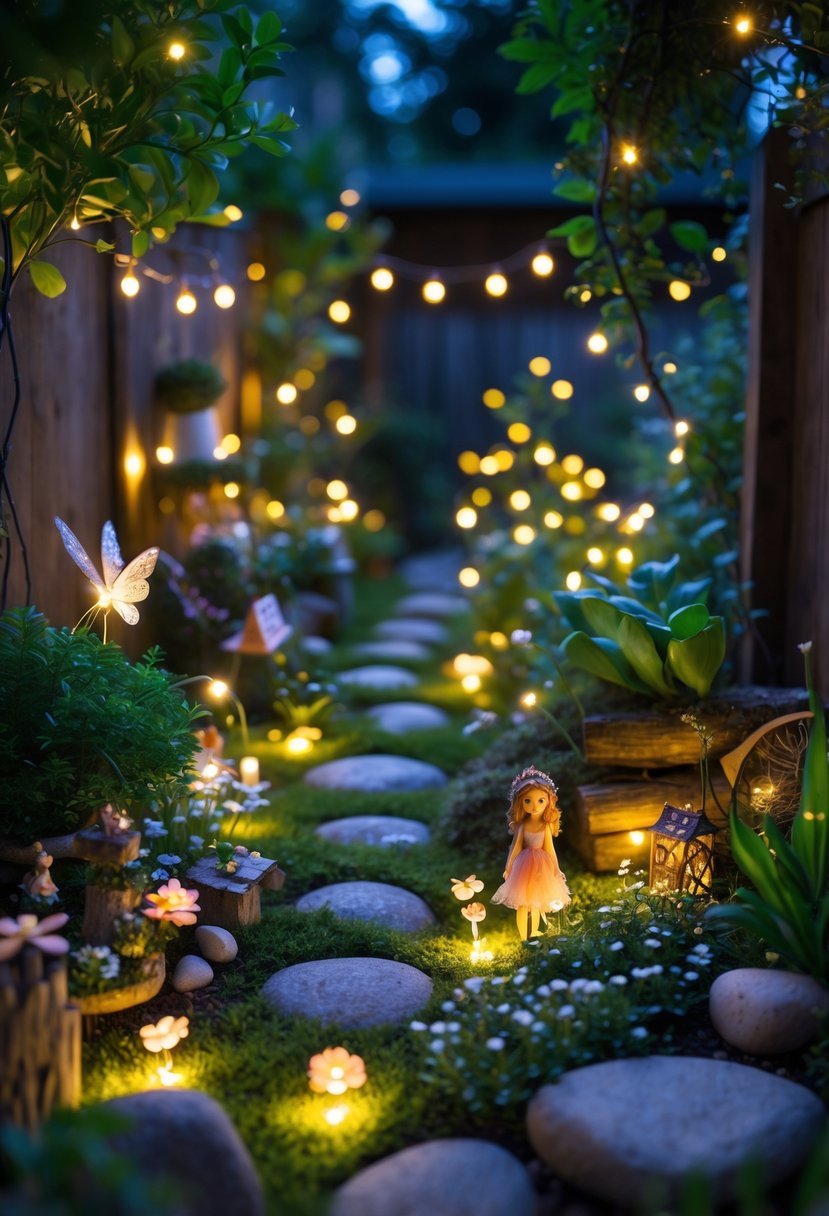 13 Fairy Garden Hacks That Make Your Backyard Sparkle 5 A nighttime backyard fairy garden glowing with warm LED fairy lights among plants, flowers, and small decorative elements.
