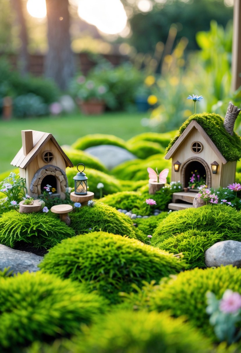 13 Fairy Garden Hacks That Make Your Backyard Sparkle 6 A miniature fairy garden outdoors with green moss carpeting the ground, tiny fairy houses, small flowers, and fairy figurines in a backyard setting.