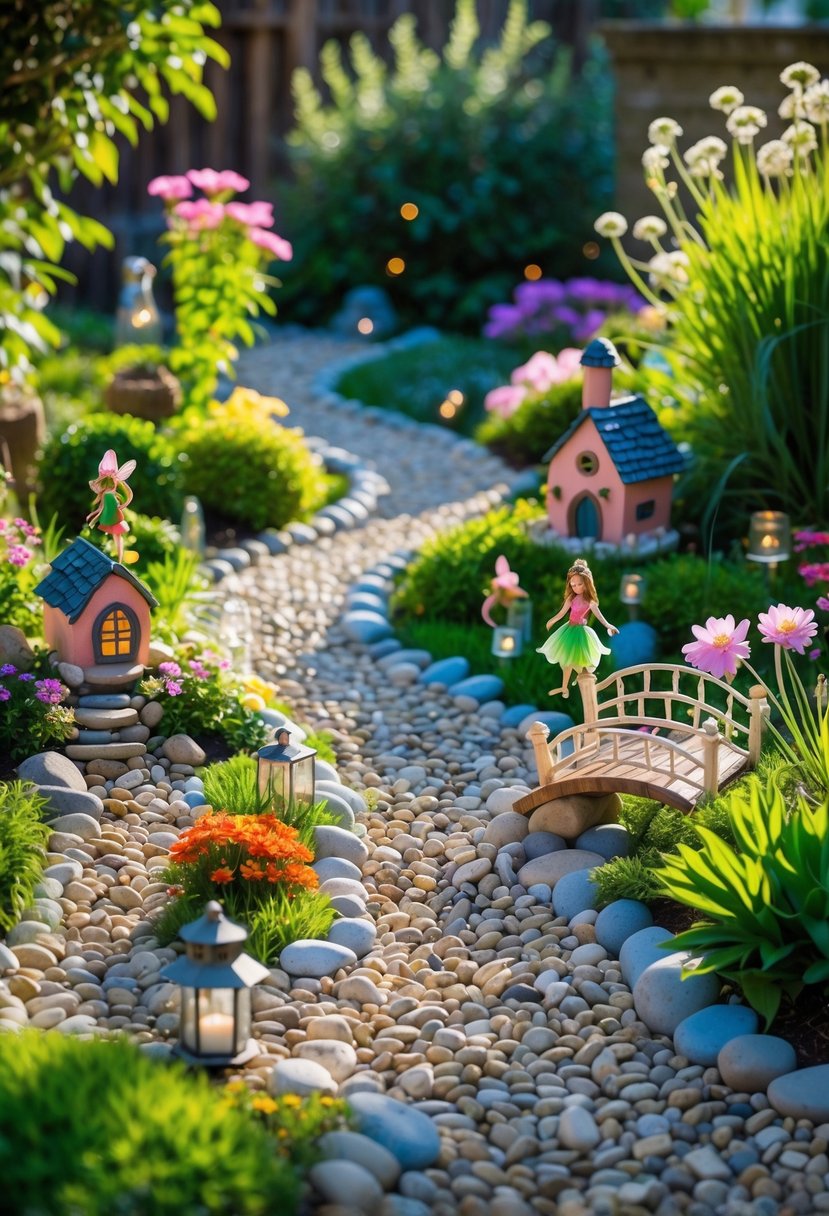 13 Fairy Garden Hacks That Make Your Backyard Sparkle 7 A backyard fairy garden with pebble pathways, miniature fairy houses, flowers, and decorative fairy figurines.