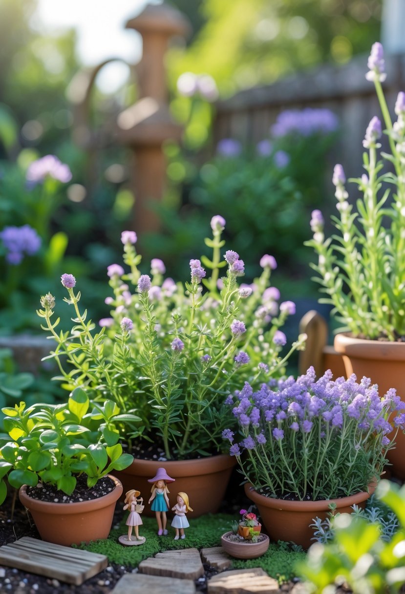13 Fairy Garden Hacks That Make Your Backyard Sparkle 10 A miniature fairy garden with flowering thyme and lavender plants arranged in a backyard setting with small decorative elements.