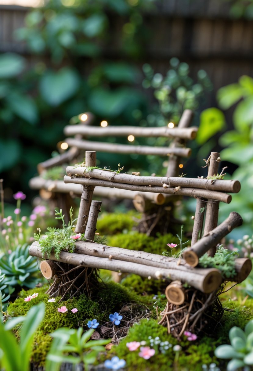 13 Fairy Garden Hacks That Make Your Backyard Sparkle 11 A fairy garden with small benches made from dry branches surrounded by moss, miniature plants, and flowers.