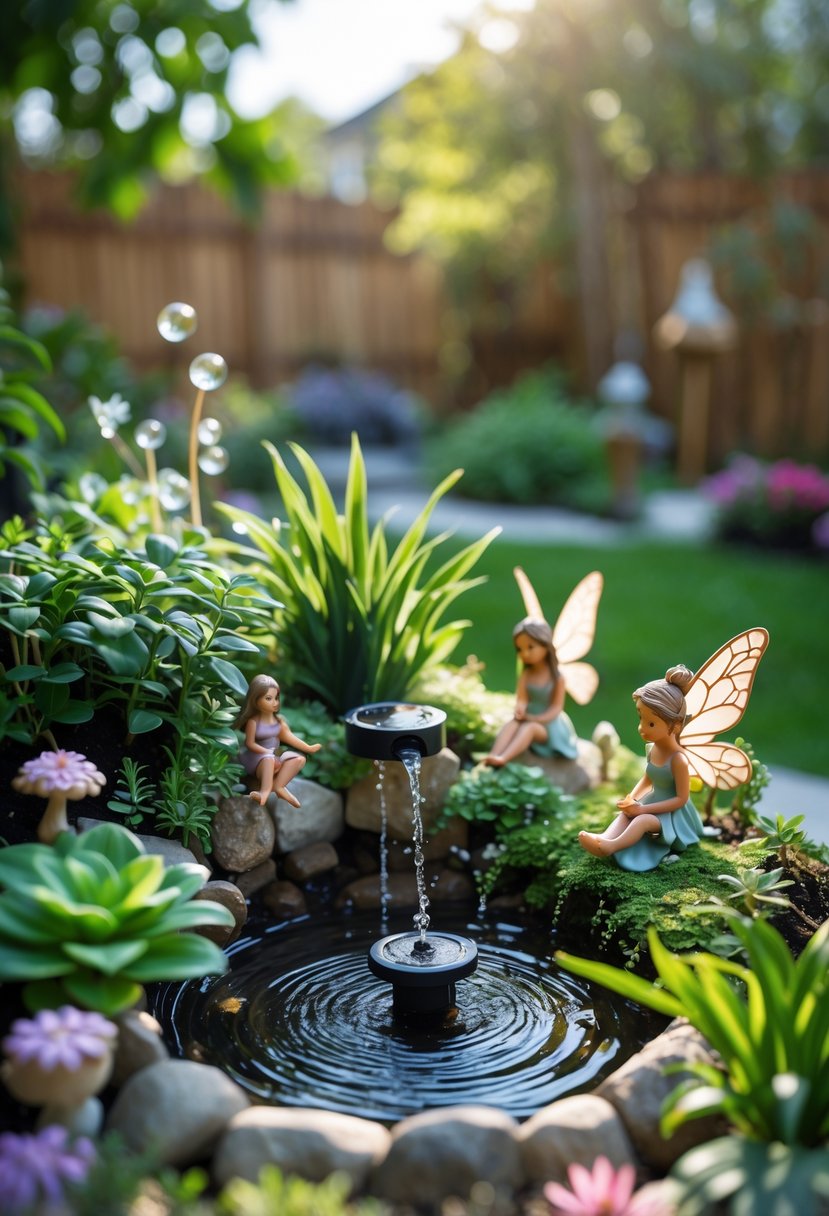 13 Fairy Garden Hacks That Make Your Backyard Sparkle 12 A small backyard fairy garden with a tiny water feature powered by a solar pump, surrounded by miniature plants and fairy decorations.