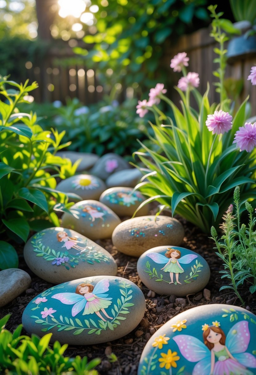 13 Fairy Garden Hacks That Make Your Backyard Sparkle 13 Painted garden rocks with fairy designs placed among plants and flowers in a backyard garden.