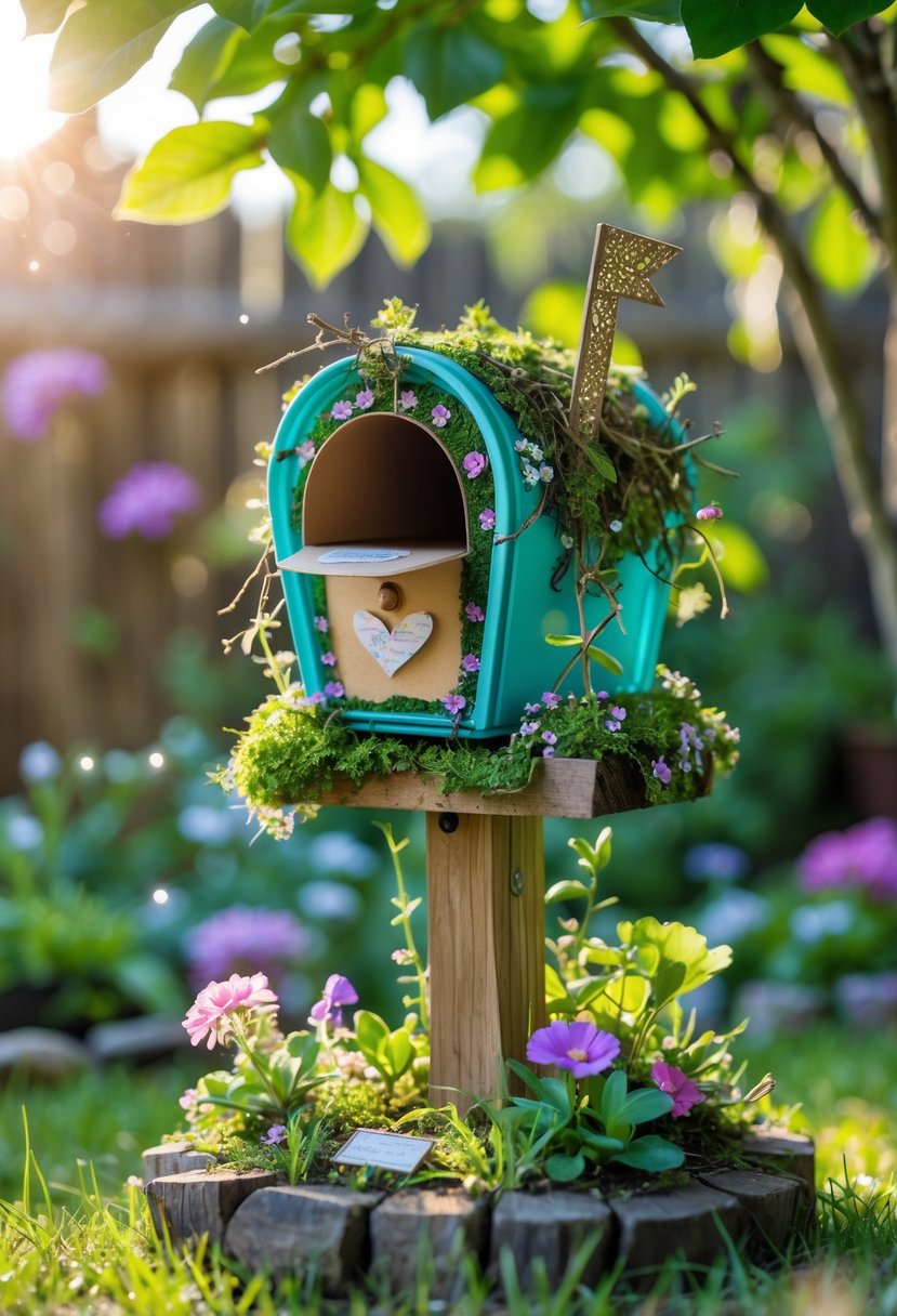 13 Fairy Garden Hacks That Make Your Backyard Sparkle 15 A small fairy mailbox made from recycled containers in a lush backyard garden surrounded by flowers and greenery.