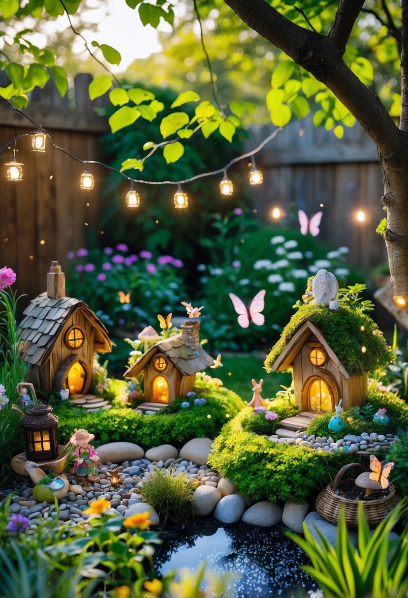 13 Fairy Garden Hacks That Make Your Backyard Sparkle 16 A backyard fairy garden with small fairy houses, colorful flowers, string lights, and decorative garden elements surrounded by greenery.
