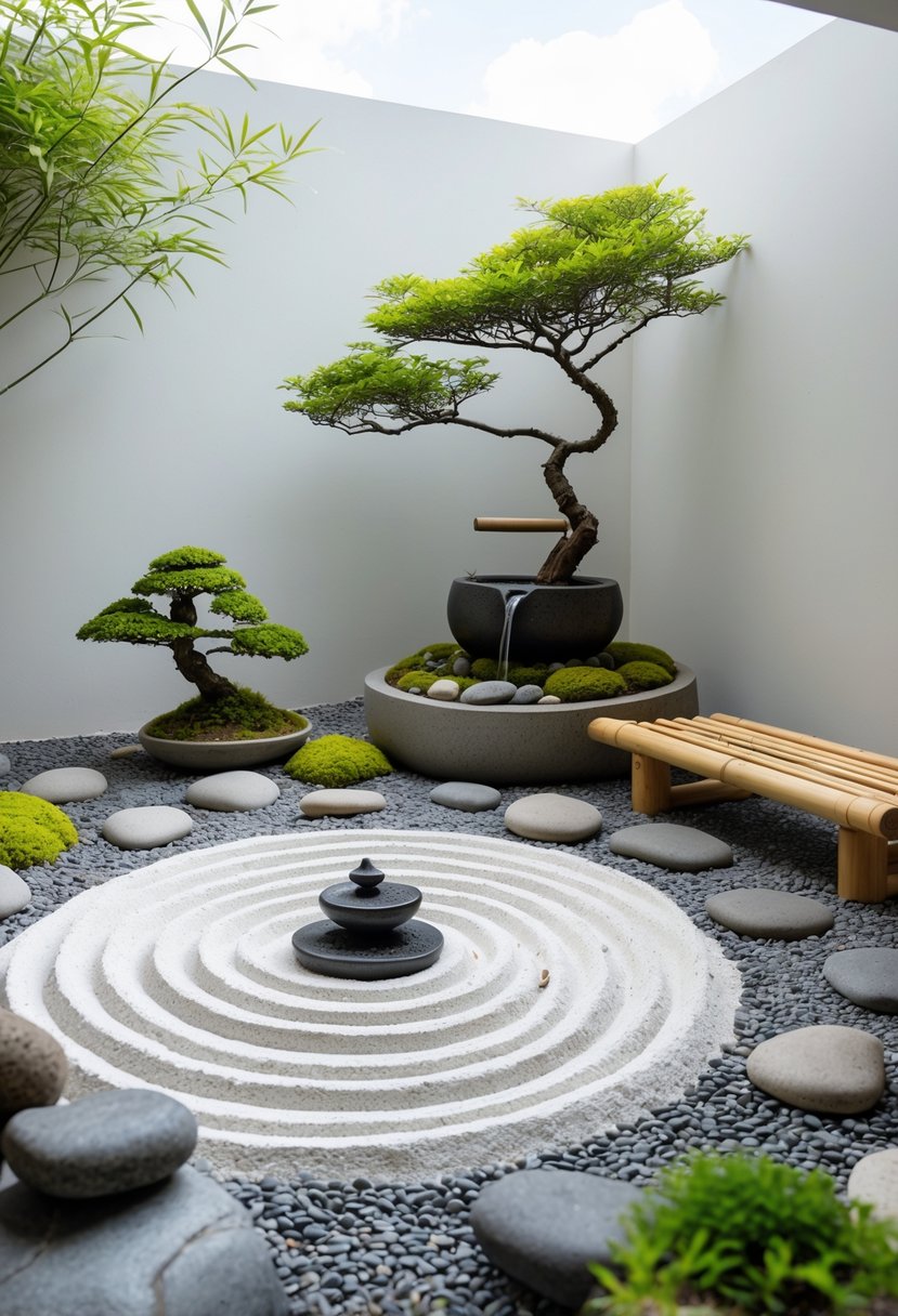 A small Japanese Zen garden with raked sand, stones, bonsai trees, and a bamboo water fountain in a peaceful corner.