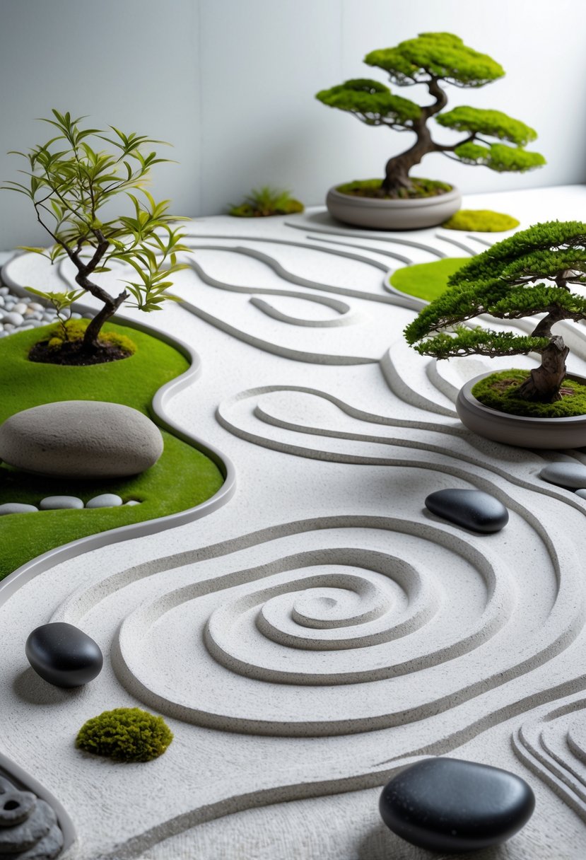 A small Japanese Zen garden with white sand raked into patterns, smooth stones, and small green plants arranged peacefully.