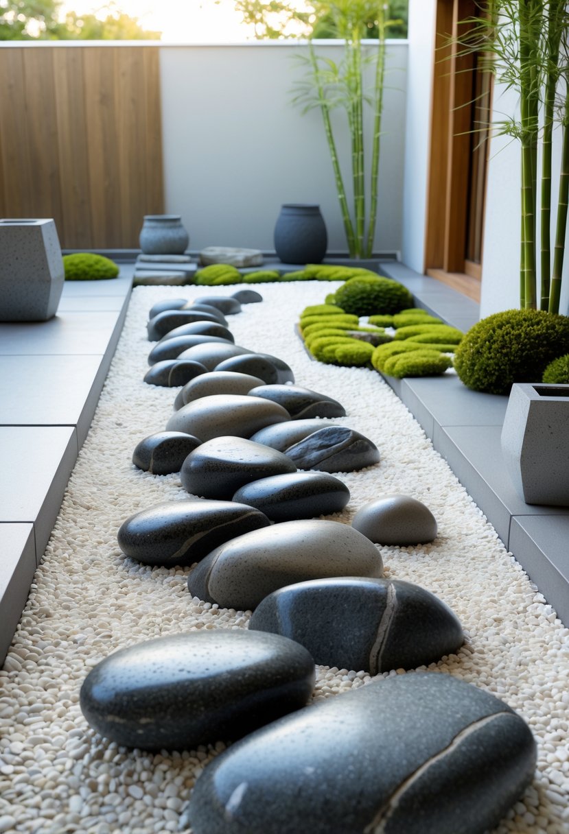 A small Japanese Zen garden with smooth river rocks, white gravel, moss, and bamboo plants arranged in a peaceful outdoor patio.