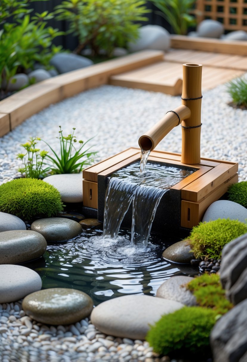 A small Japanese Zen garden with a bamboo water feature, white gravel, moss, and green plants arranged in a peaceful outdoor setting.