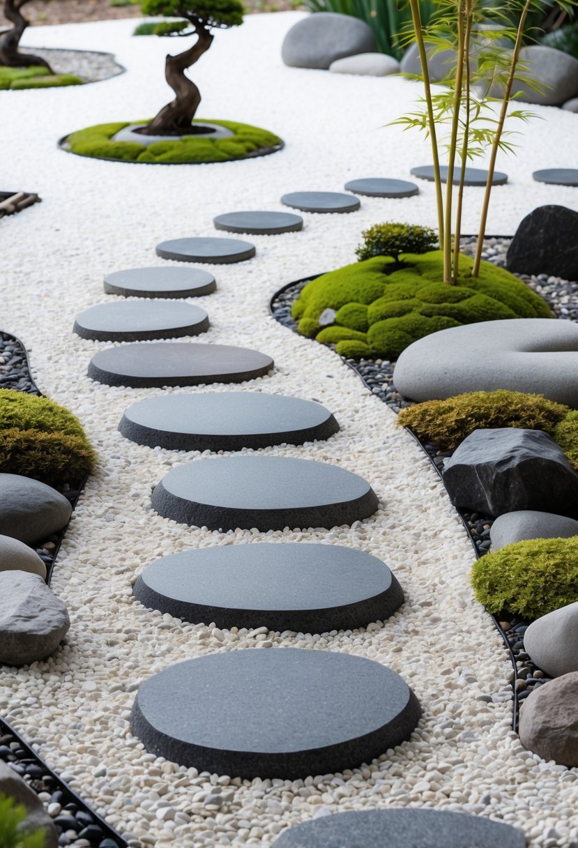 A small Japanese Zen garden with flat stepping stones forming a pathway over white gravel, surrounded by moss, bonsai trees, and river rocks.