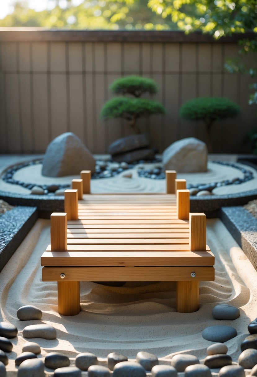 A small wooden bridge over sand and stones in a Japanese Zen garden.