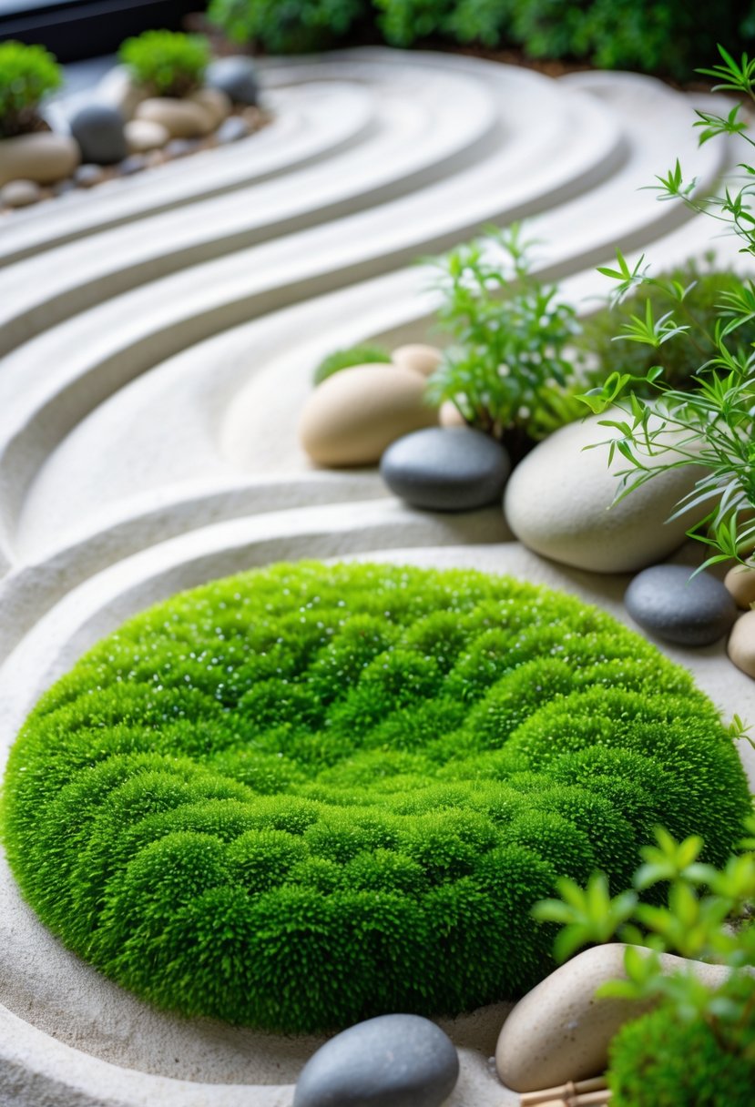 A small Japanese Zen garden with a green moss patch, white sand with raked patterns, stones, and miniature plants.