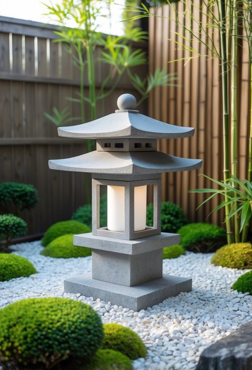 A small Japanese garden with a stone lantern surrounded by gravel, moss, and plants.