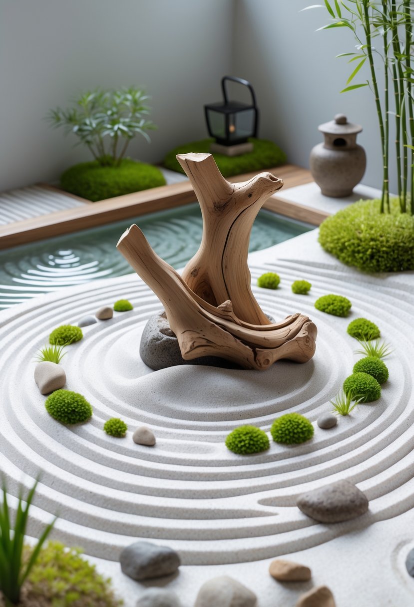 A small Japanese Zen garden with driftwood centerpiece, white sand, rocks, moss, and bamboo plants arranged peacefully.