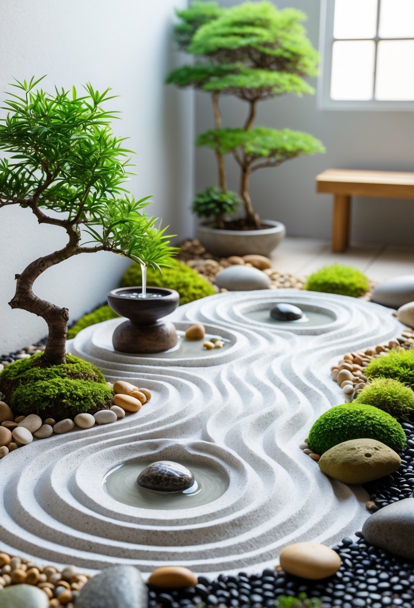 A small Japanese Zen garden with raked white sand, stones, bonsai trees, moss, and a bamboo water fountain in a compact outdoor space.