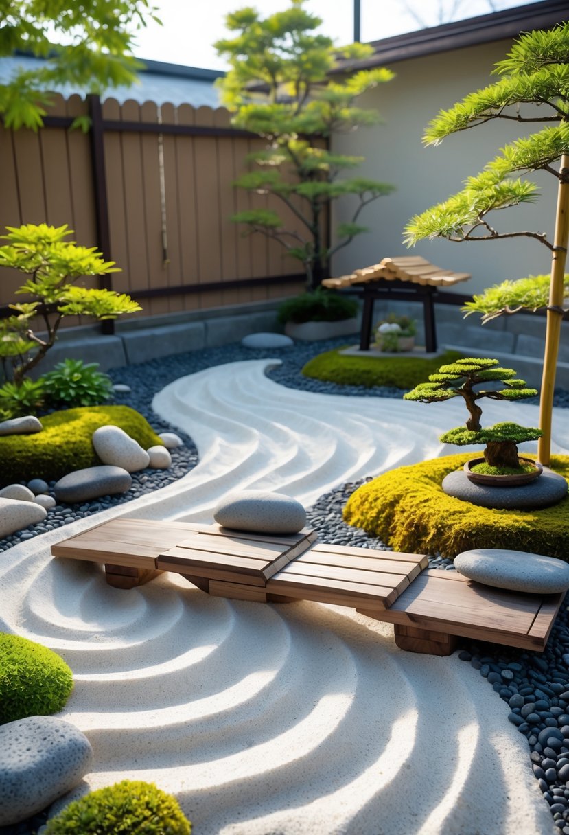 A small Japanese Zen garden with raked white sand, stones, bamboo plants, bonsai trees, a wooden bridge, and moss in an outdoor space.