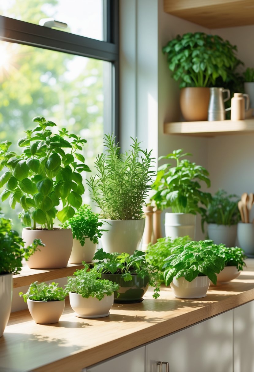 Indoor kitchen with various fresh herb plants in pots arranged on shelves and windowsills, bathed in natural sunlight.