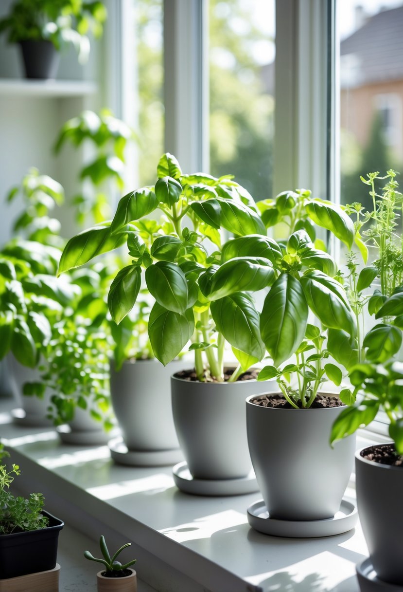 Lush basil plants growing in pots on a sunny kitchen windowsill surrounded by other indoor herbs.
