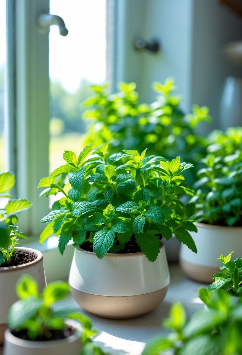 Indoor herb garden with healthy mint plants growing in pots on a kitchen windowsill.