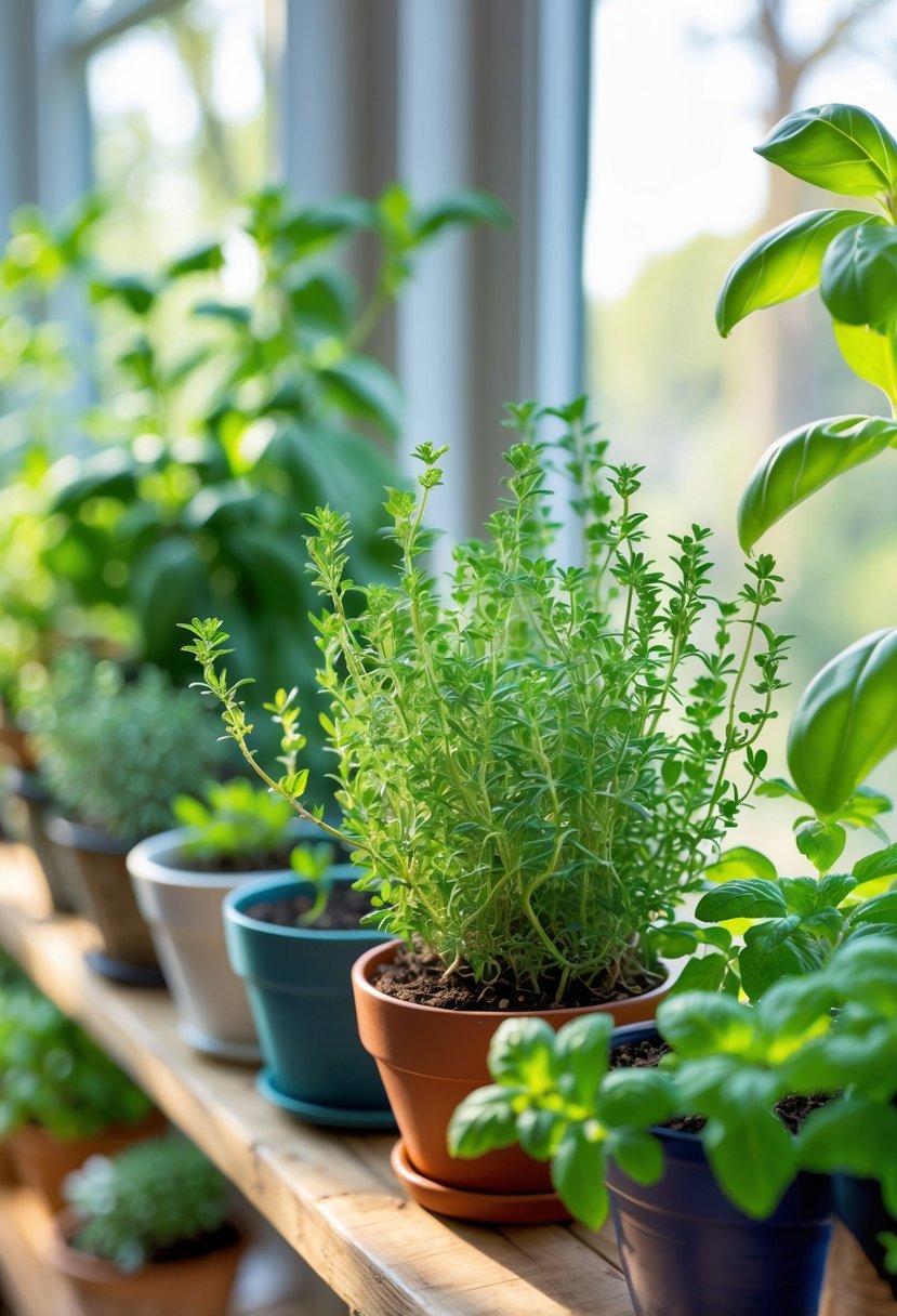 Indoor herb garden with pots of thyme and other fresh herbs on a wooden shelf by a sunny window.