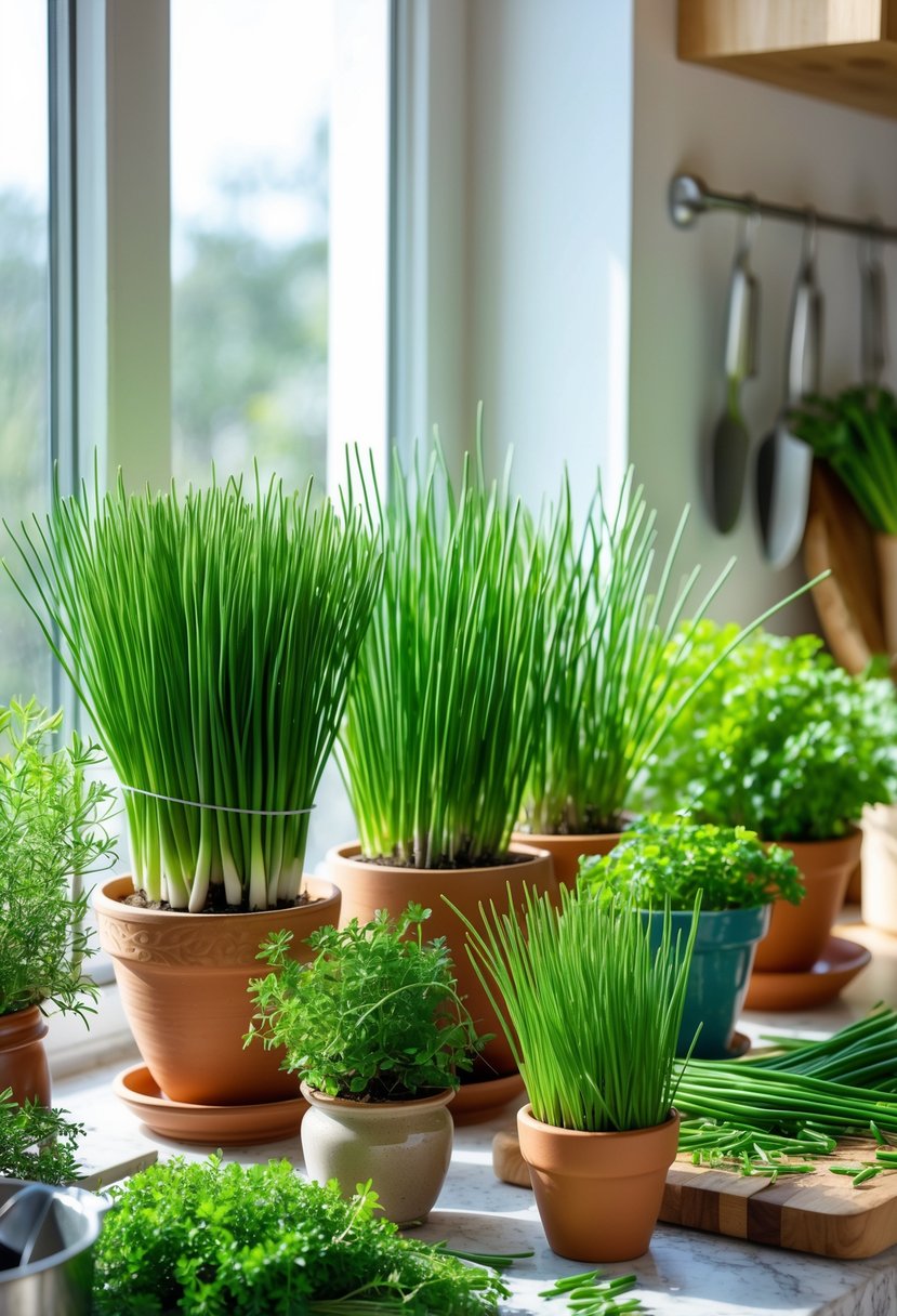 Indoor kitchen windowsill with pots of fresh green chives and other herbs in sunlight.