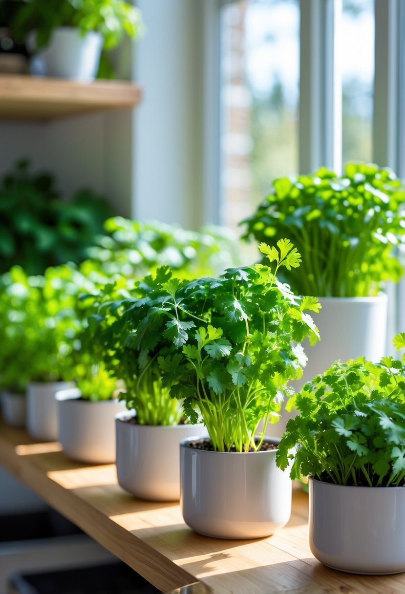 Indoor herb garden with healthy cilantro plants in pots on a wooden shelf by a window with sunlight.