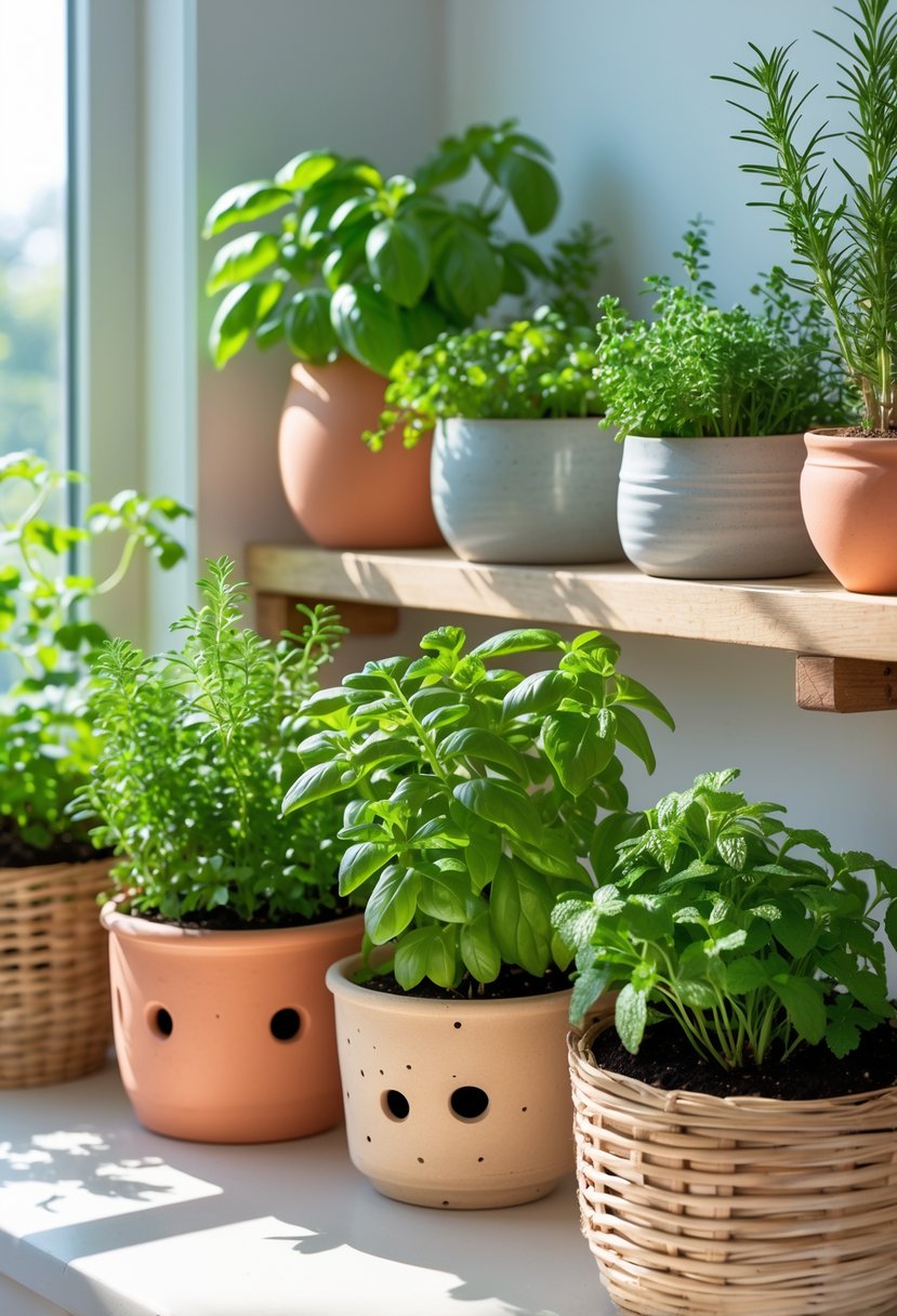 Indoor herb garden with various green herbs growing in well-draining containers on shelves near a sunny window.