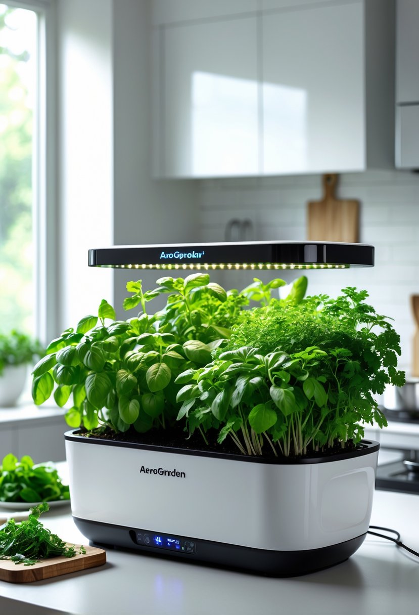 An AeroGarden Harvest Elite indoor herb garden with various green herbs growing on a kitchen countertop under LED lights.