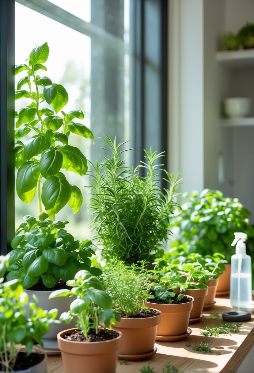 Indoor windowsill with various healthy potted herbs in a bright kitchen setting.