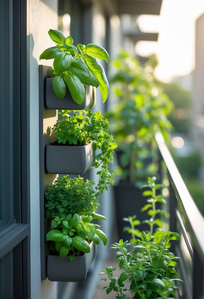 A vertical herb garden on a small balcony with basil, mint, and thyme plants in vertical planters.