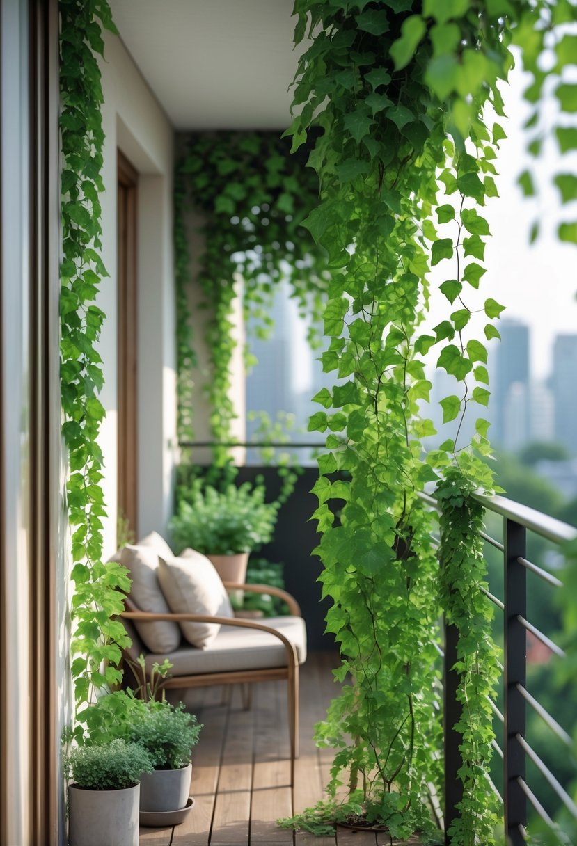 A small balcony with trailing ivy plants cascading over the railing and cozy seating, surrounded by green foliage.