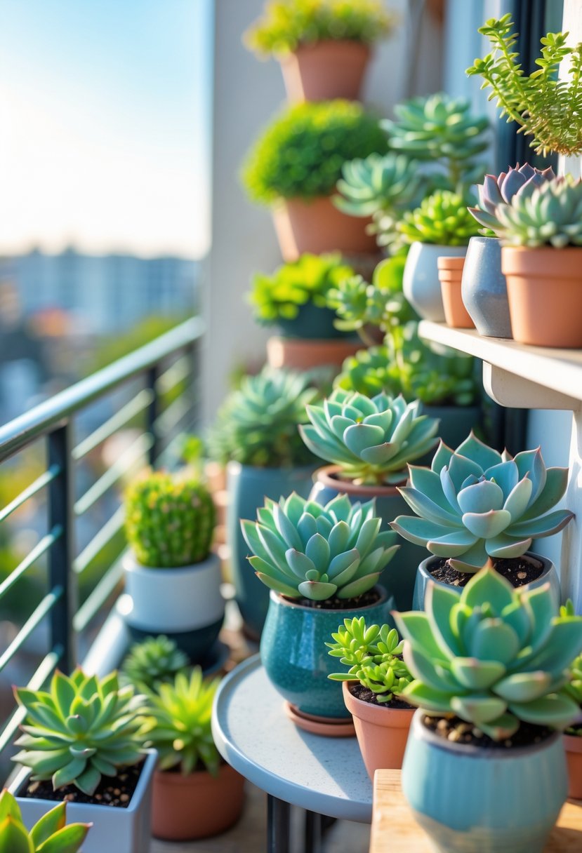 A small balcony filled with various compact succulent plants arranged in pots on shelves and a table, bathed in natural sunlight.