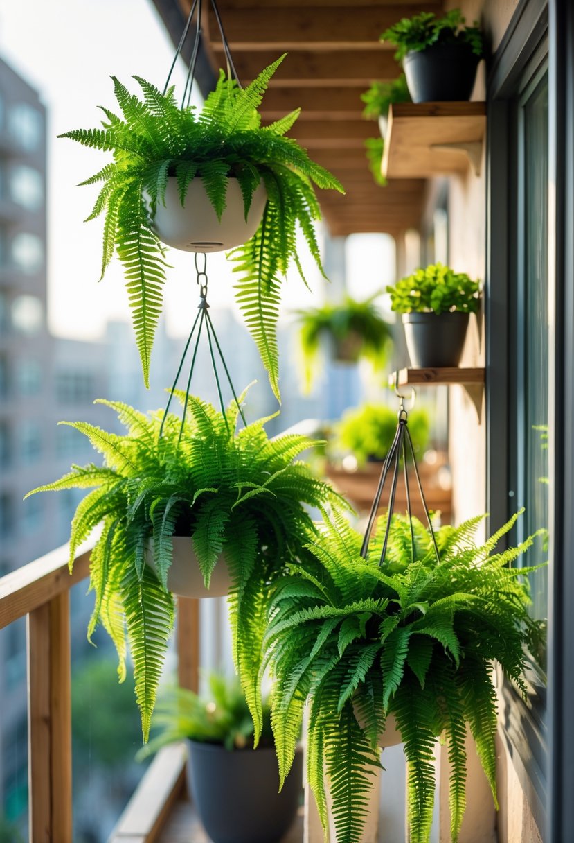 Small balcony with several hanging fern baskets and additional plants creating a green, cozy outdoor space.