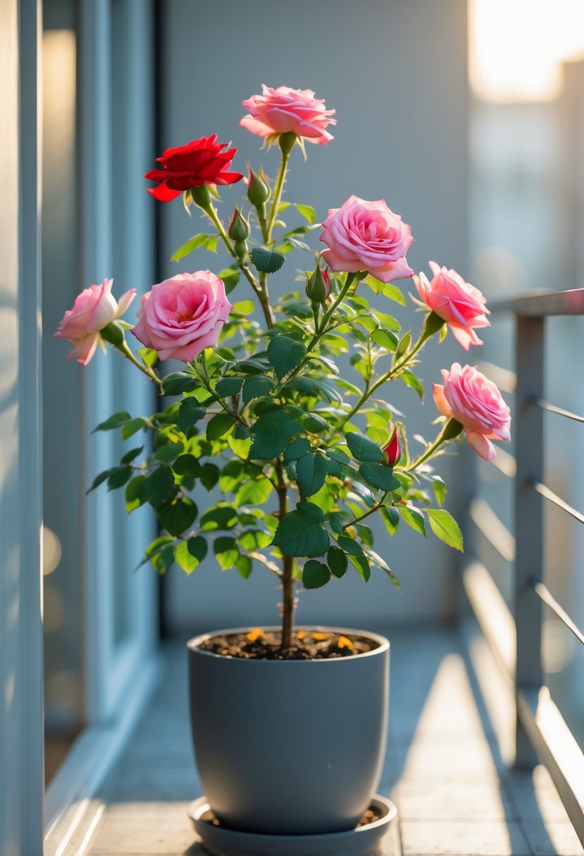 A miniature rose bush with pink and red flowers in a pot on a small balcony with a railing.