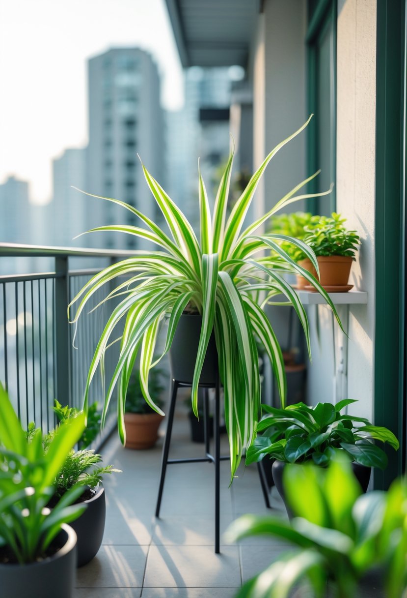 A small balcony filled with a healthy spider plant and other green plants arranged in pots, with a blurred city background.