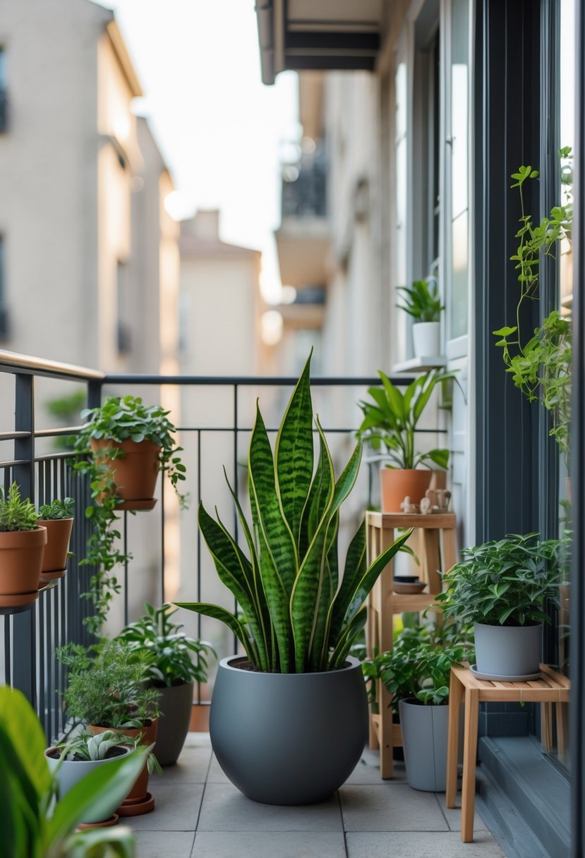 A small balcony with a healthy snake plant and other potted plants arranged in a low light urban garden setting.
