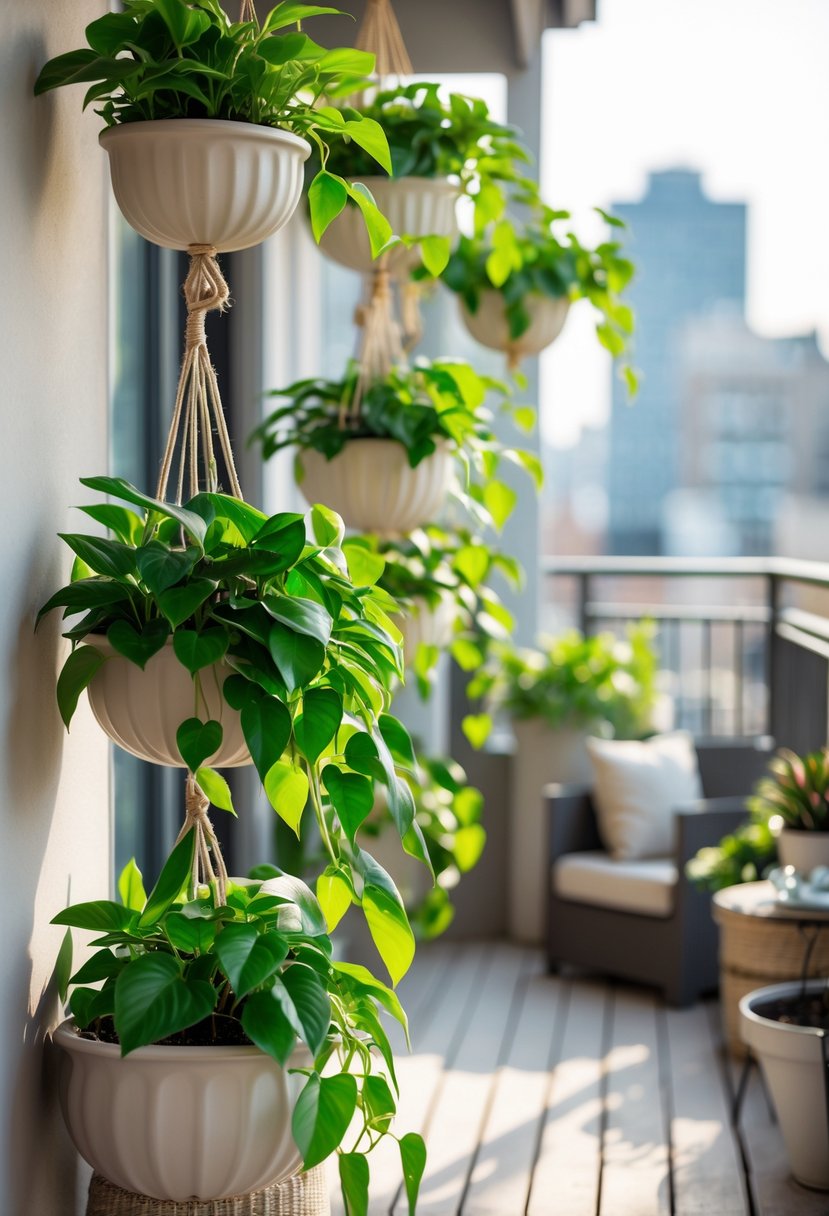 A small balcony with several hanging pothos plants in planters, surrounded by cozy outdoor decor and natural sunlight.